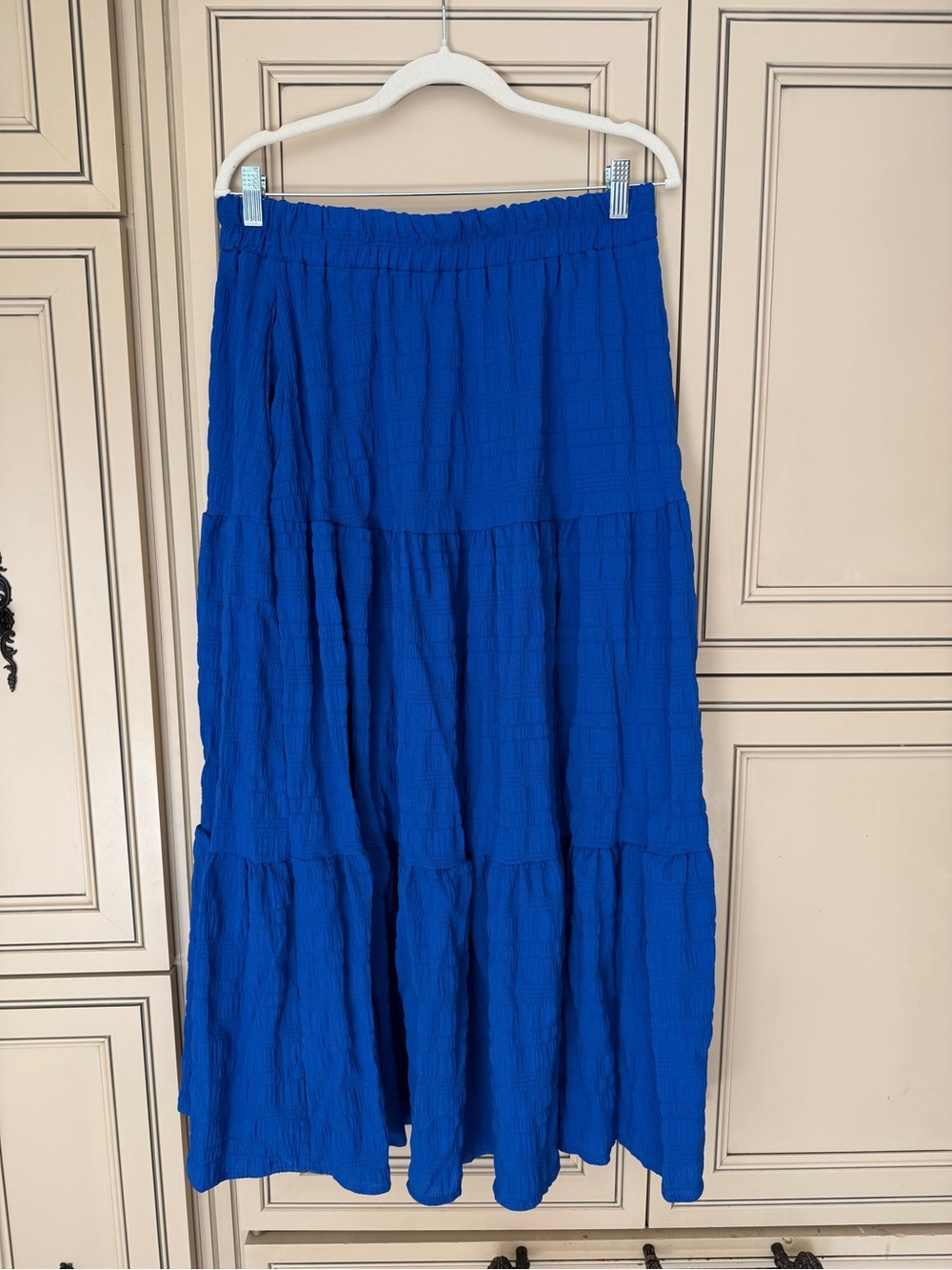NEW Royal Blue Crinkle Tiered Maxi Skirt Boho Peasant Pockets Stretch Waist XL